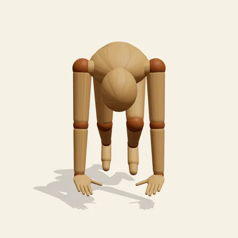 Sprint Start pose reference, front view of a wooden drawing mannequin