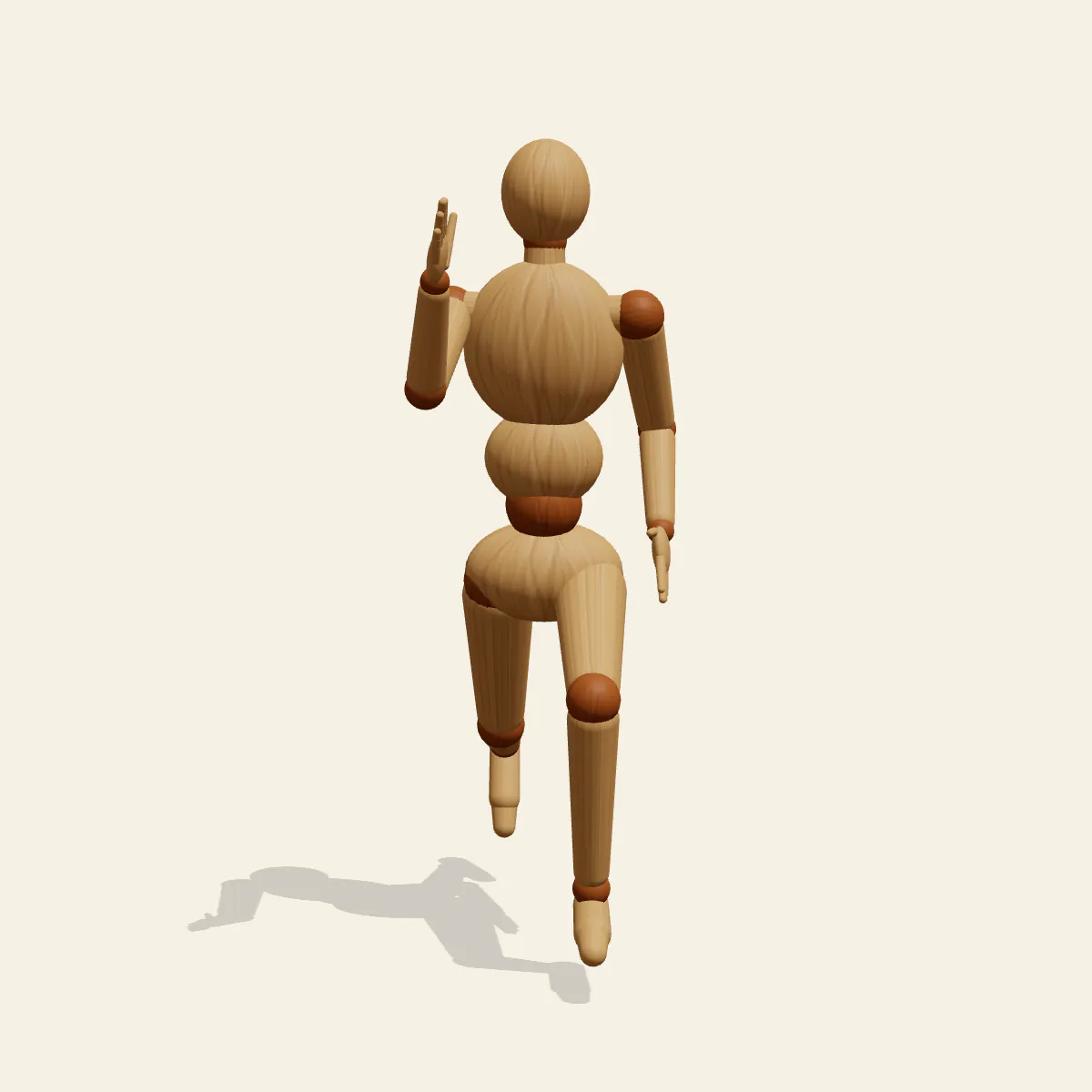 Sprinting pose reference, front view of a wooden drawing mannequin