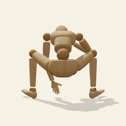 Chin-in-Hand Squat pose reference, back view of a wooden drawing mannequin