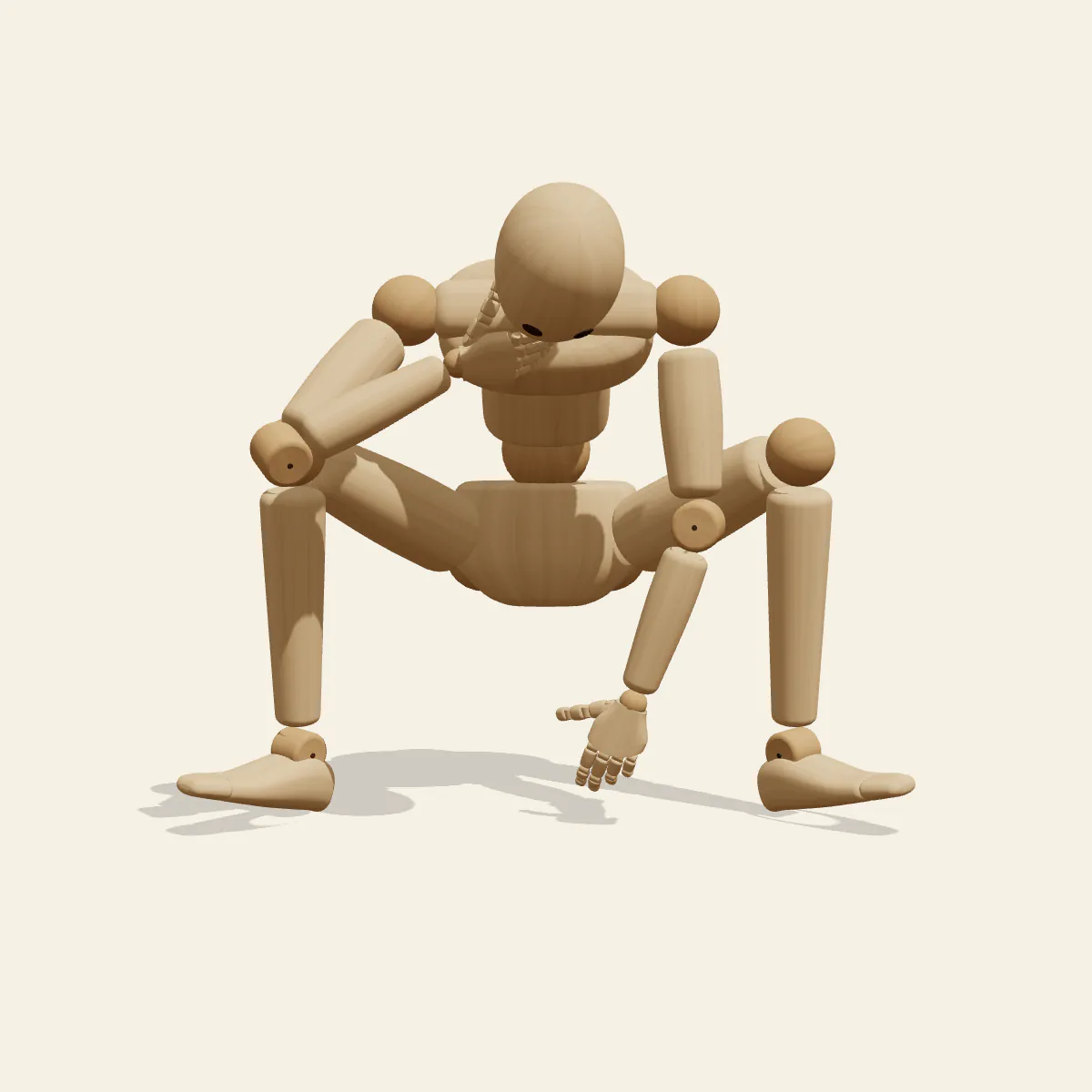 Chin-in-Hand Squat pose reference, front view of a wooden drawing mannequin