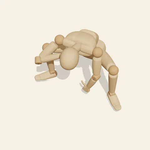Chin-in-Hand Squat pose reference, high-angle view of a wooden drawing mannequin