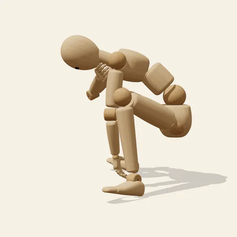 Chin-in-Hand Squat pose reference, side view of a wooden drawing mannequin