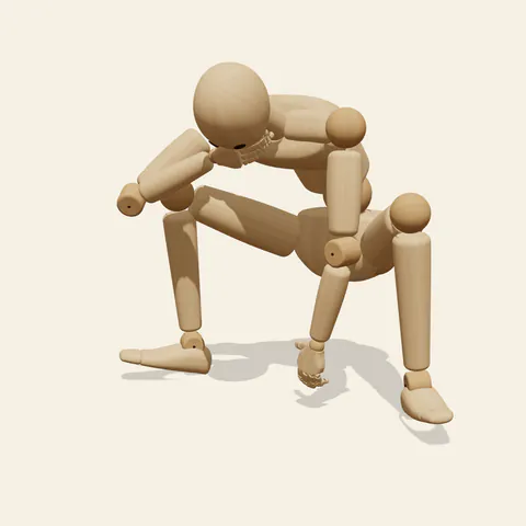 Chin-in-Hand Squat pose reference, three-quarter view of a wooden drawing mannequin