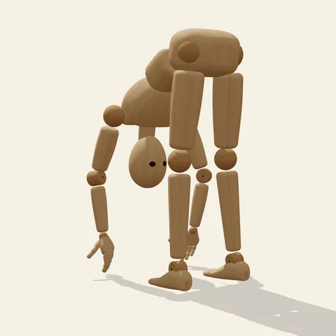 Standing Forward Bend pose reference, back view of a wooden drawing mannequin