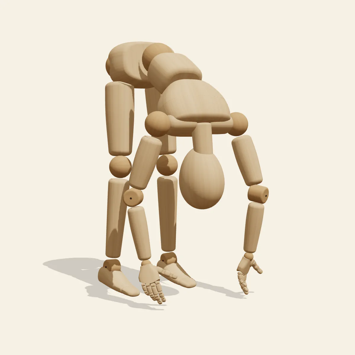 Standing Forward Bend pose reference, front view of a wooden drawing mannequin
