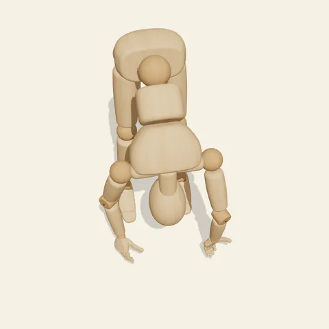 Standing Forward Bend pose reference, high-angle view of a wooden drawing mannequin
