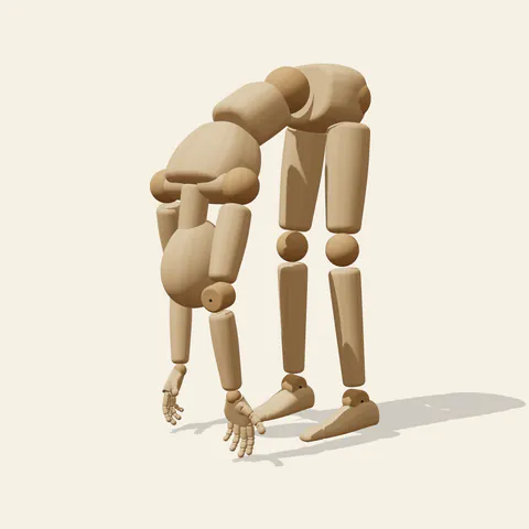 Standing Forward Bend pose reference, side view of a wooden drawing mannequin