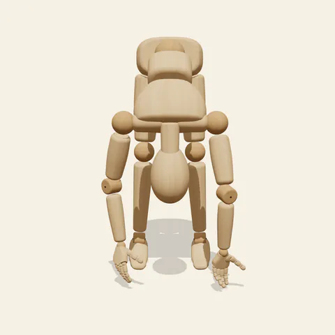 Standing Forward Bend pose reference, three-quarter view of a wooden drawing mannequin