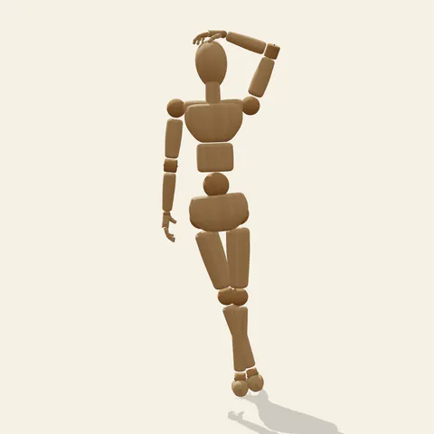 Hand on Head pose reference, back view of a wooden drawing mannequin