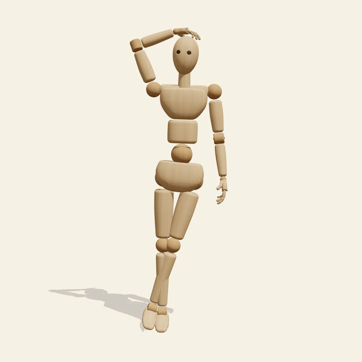 Hand on Head pose reference, front view of a wooden drawing mannequin