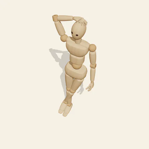 Hand on Head pose reference, high-angle view of a wooden drawing mannequin