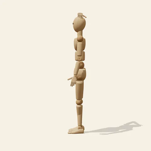 Hand on Head pose reference, side view of a wooden drawing mannequin