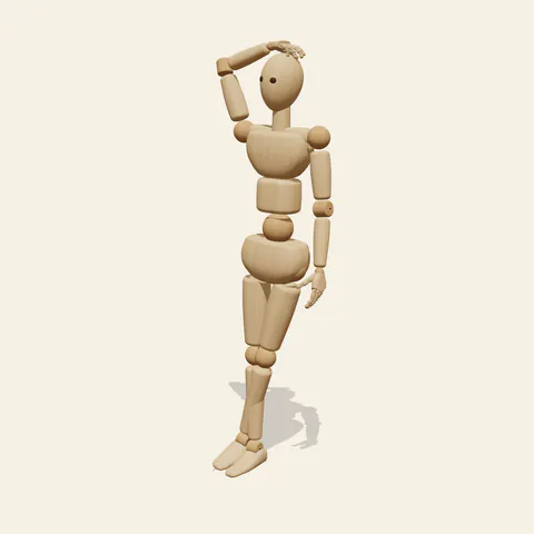 Hand on Head pose reference, three-quarter view of a wooden drawing mannequin