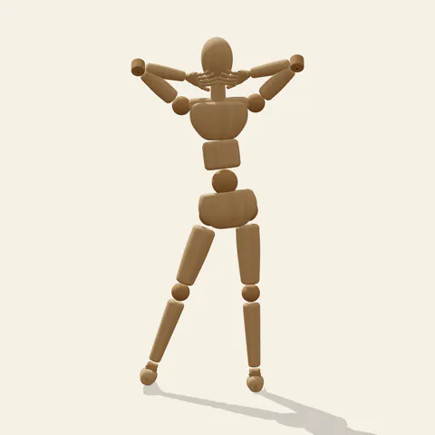 Hands Behind Head pose reference, back view of a wooden drawing mannequin