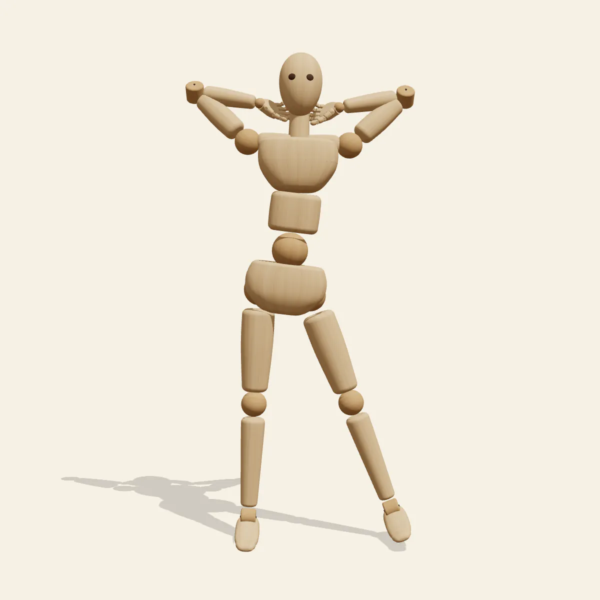 Hands Behind Head pose reference, front view of a wooden drawing mannequin
