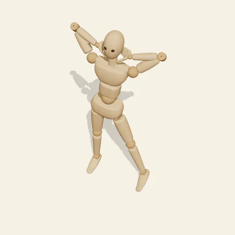 Hands Behind Head pose reference, high-angle view of a wooden drawing mannequin