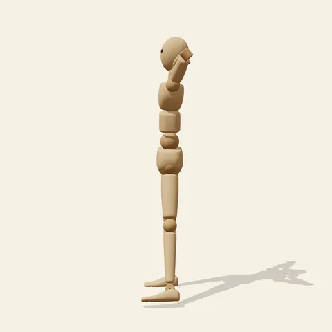 Hands Behind Head pose reference, side view of a wooden drawing mannequin