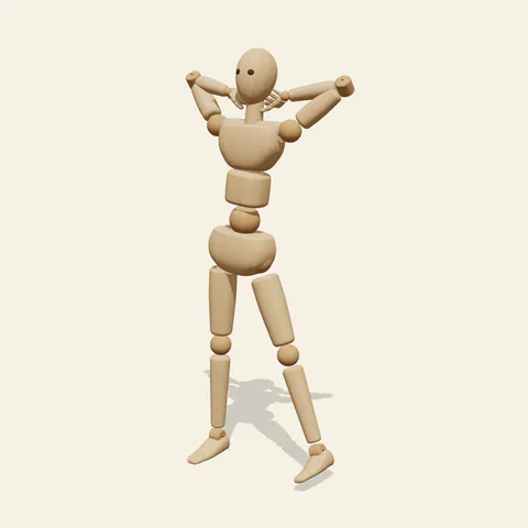 Hands Behind Head pose reference, three-quarter view of a wooden drawing mannequin