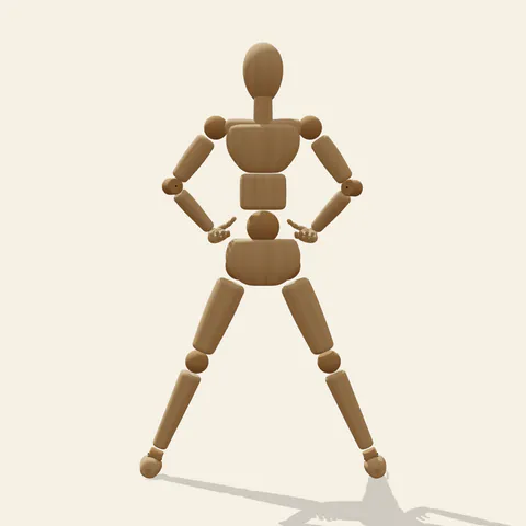 Hands on Hips pose reference, back view of a wooden drawing mannequin
