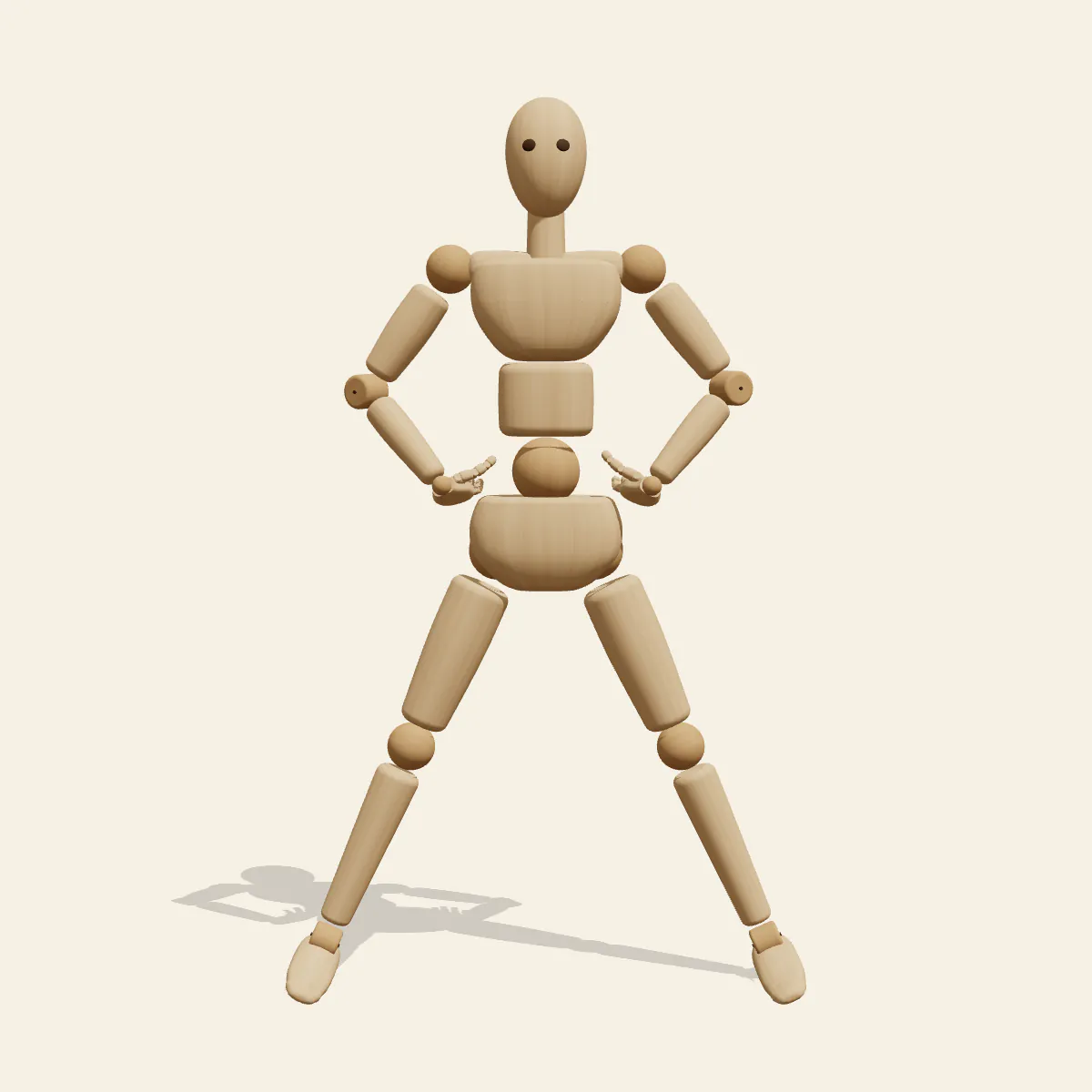 Hands on Hips pose reference, front view of a wooden drawing mannequin