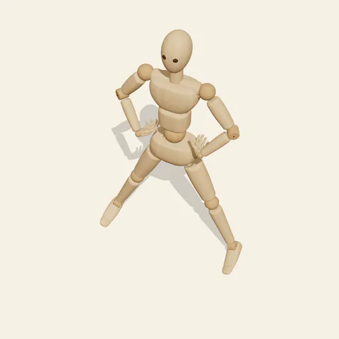 Hands on Hips pose reference, high-angle view of a wooden drawing mannequin