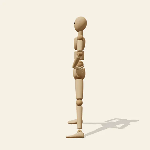 Hands on Hips pose reference, side view of a wooden drawing mannequin