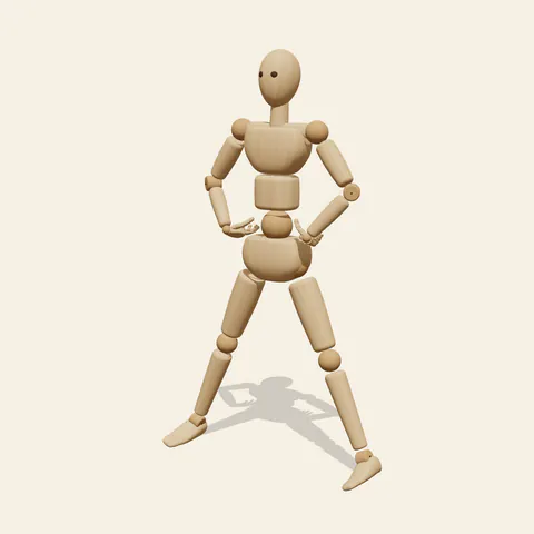 Hands on Hips pose reference, three-quarter view of a wooden drawing mannequin