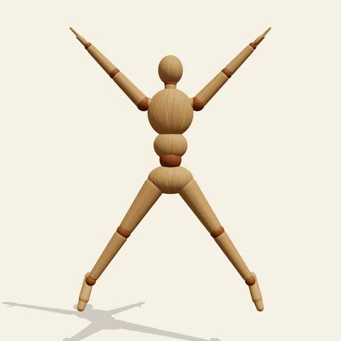 Star Jump pose reference, front view of a wooden drawing mannequin
