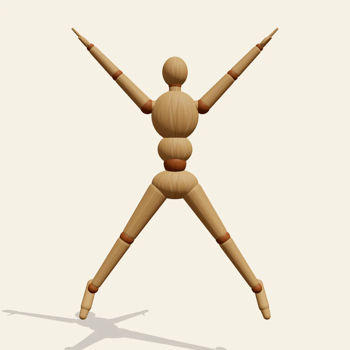 Star Jump pose reference, front view of a wooden drawing mannequin