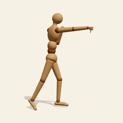 Straight Punch pose reference, front view of a wooden drawing mannequin