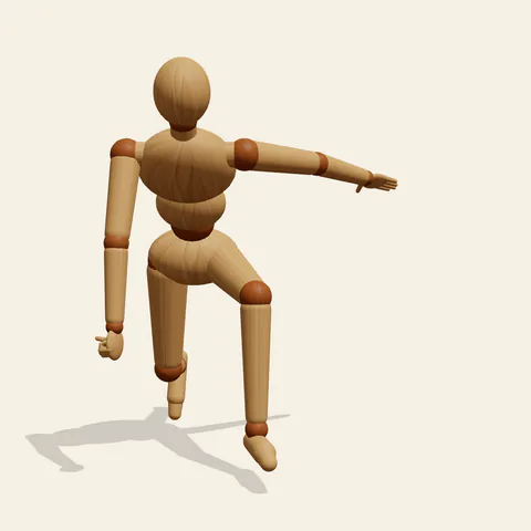 Superhero Landing pose reference, front view of a wooden drawing mannequin