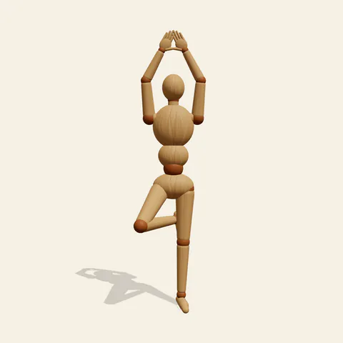 Tree Pose pose reference, front view of a wooden drawing mannequin