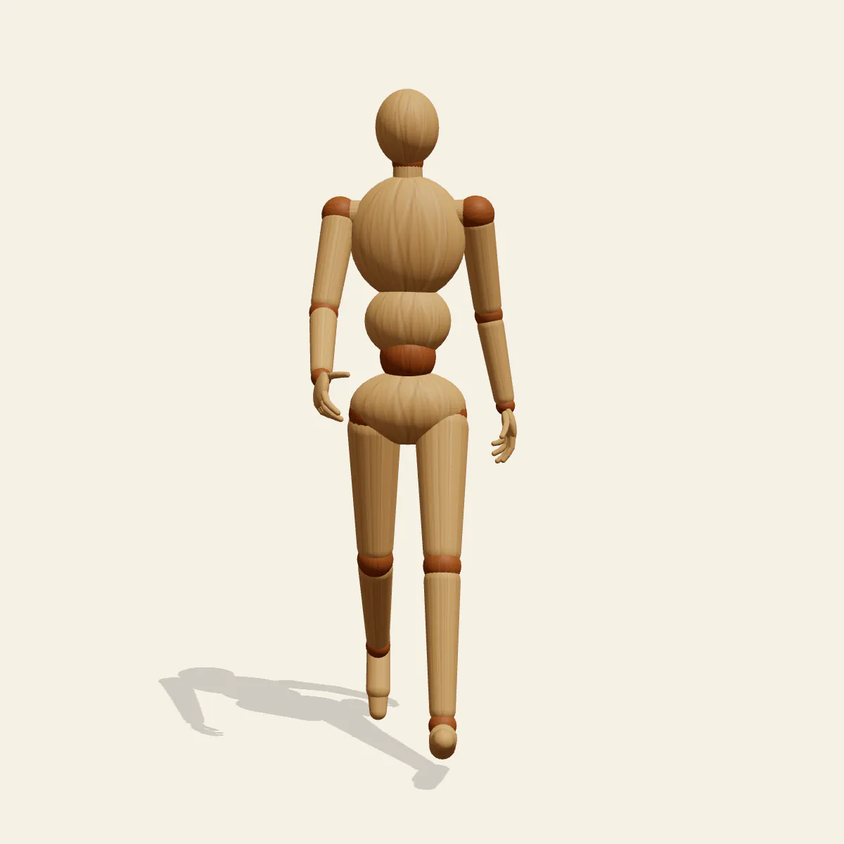 Walking pose reference, front view of a wooden drawing mannequin