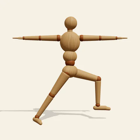 Warrior II pose reference, front view of a wooden drawing mannequin