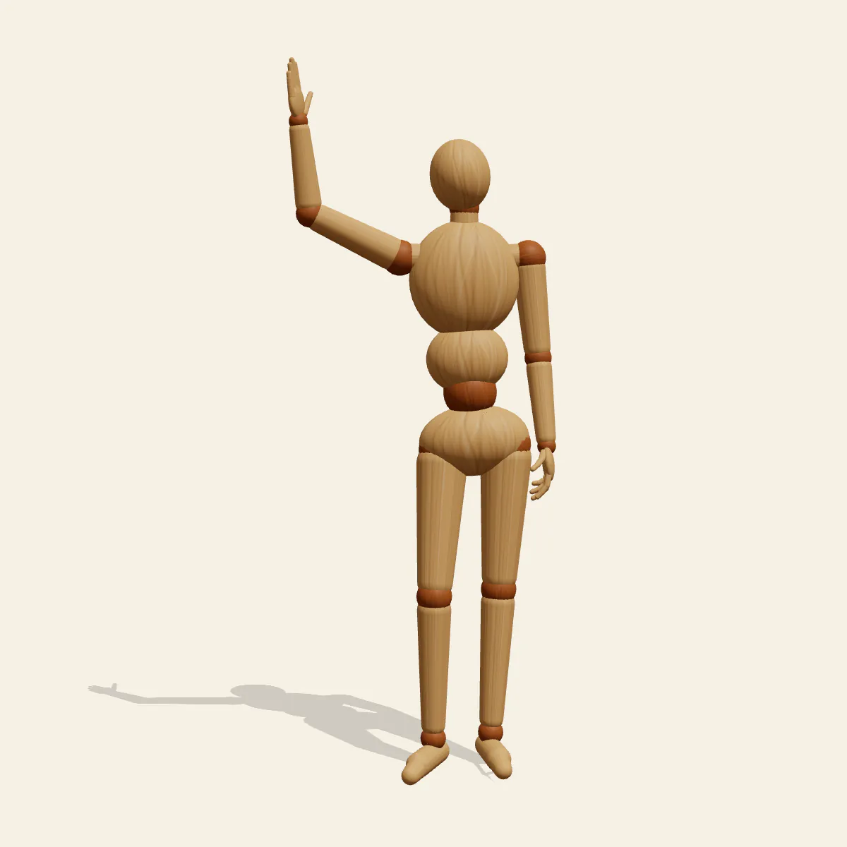 Waving Hello pose reference, front view of a wooden drawing mannequin